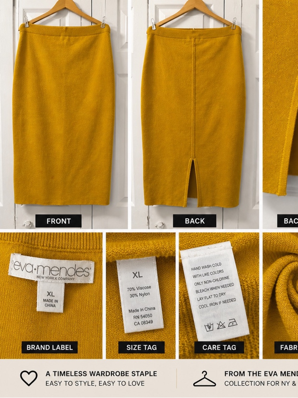 eva mendes for New York & Company Mustard Knit Midi Pencil Skirt with Front Slit - Picture 2 of 3